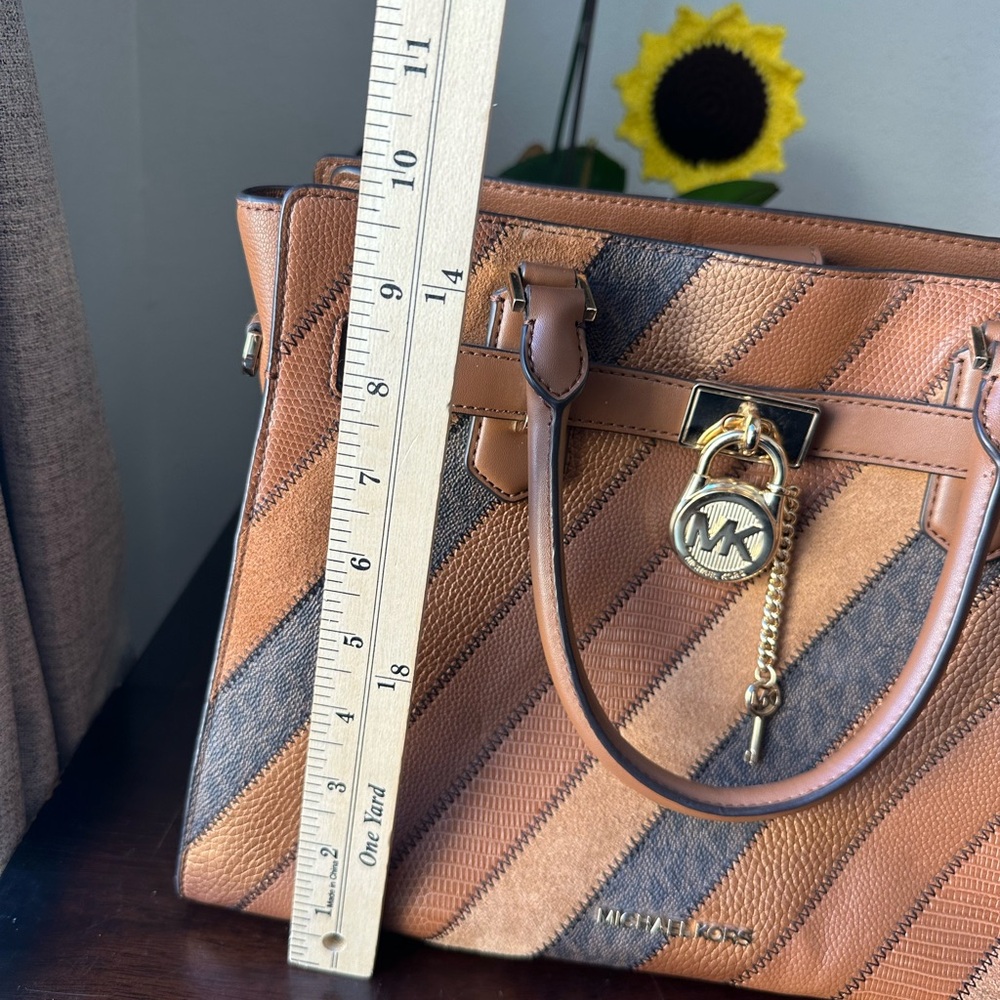 Michael Kors Brown and Tan Diagonal Stripe Leather Satchel - Picture 14 of 16